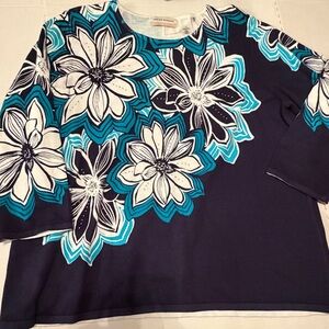 Alfred Dunner Teal and Navy Floral Patterned Top Size 1X